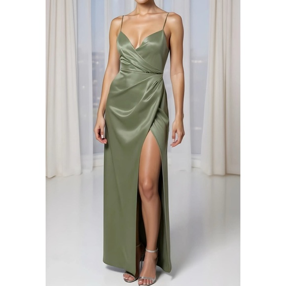 BHLDN Freya Satin Charmeuse Dress, Moss Green, 2 (US) - Picture 1 of 9
